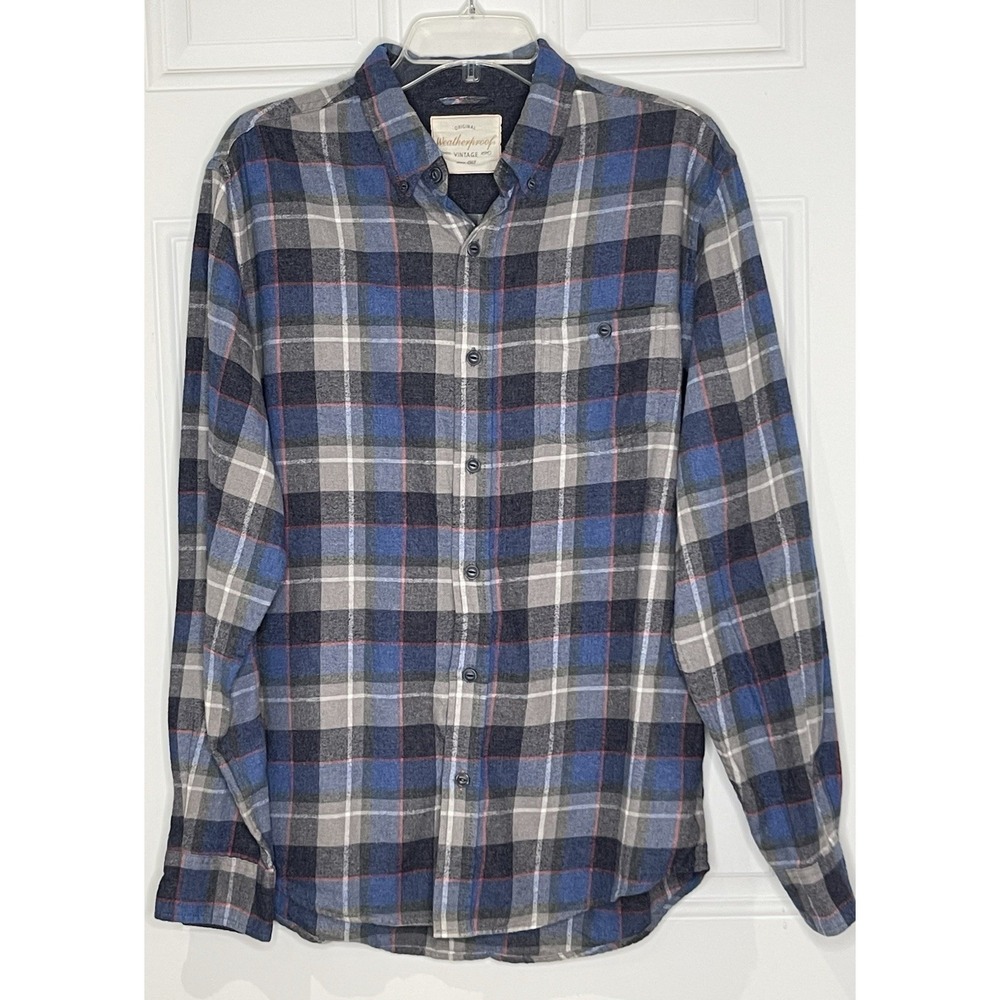 Original Weatherproof Vintage Men's Large Blue Plaid Flannel Button Down Shirt